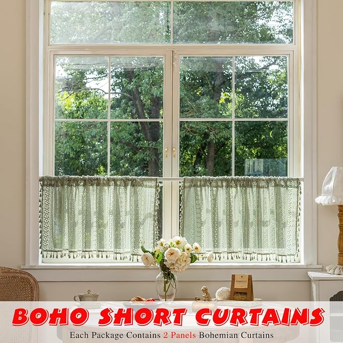 Sutuo Home Sage Green Sheer Boho Short Curtains Valance for Kitchen Cafe | Macrame Lace Curtains Bohemian Crochet Privacy Vintage Tassels Cottagecore Closet Decoration Rod Pocket,2 Panels 50"W x 18" L