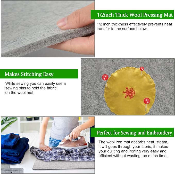 Rdutuok Wool Pressing Mat, 54in x 15in, 100% New Zealand Wool Ironing Mat | Extra Large 1/2" Thick Ironing Pad with Carrying Case for Quilting, Sewing, Embroidery and Large Quilt Projects