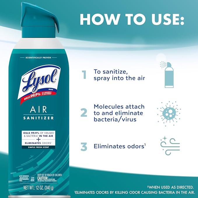 Lysol Air Sanitizer Spray with Bacterial Odor Eliminator for Home & Office, Sanitizing Air Spray, Air Freshener Alternative, Simple Fresh Scent,10 oz (Pack of 6)