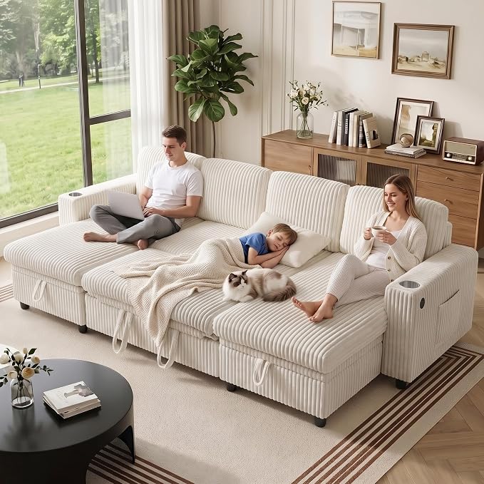 U-Shaped Couch with Pull Out Bed, Sectional Sleeper Sofa, White | Hidden Storage, USB & Type-C Port, Cup Holders, Cloud Corduroy, Modular Design for Living Room, Apartment, Easy Assembly