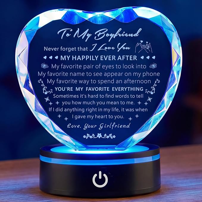 Gifts for Boyfriend with Colorful LED Base Unique Birthday Gift Ideas from Girlfriend Romantic Heart Crystal Keepsakes to My Anniversary Christmas Valentine Day
