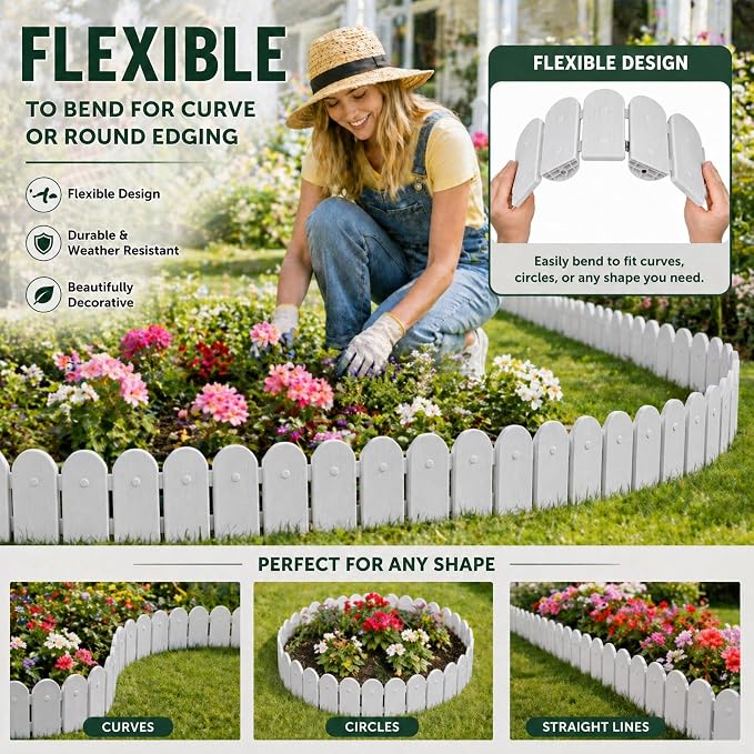 Garden Border Plastic Edging: Wooden Fence Design - 8pcs Gray Yard Landscaping Fence Liner Lawn Edge Barrier - 10ft Kit of Decorative Lawn Panels Elements -Landscaping Edging-GMT-10374-E08
