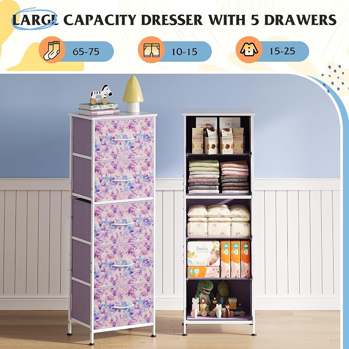 WLIVE Fabric Dresser, 5-Drawer Tall Dressers for Bedroom, Storage Dresser Organizer with Fabric Bins, Wood Top, Sturdy Steel Frame, Chest of Drawers for Closet, Tie-dye Print (Pink, Purple, Blue)