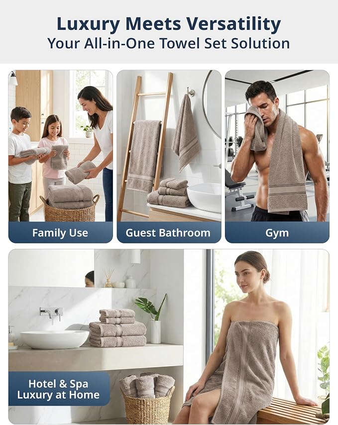LANE LINEN Towel Set for Bathroom Soft Absorbent Quick Dry - Platinum | Set Of Towels - Dobby Border Accent, OEKO-TEX Certified, Zero-Twist Durability, Zero-Twist Cotton, Terry Weave Comfort