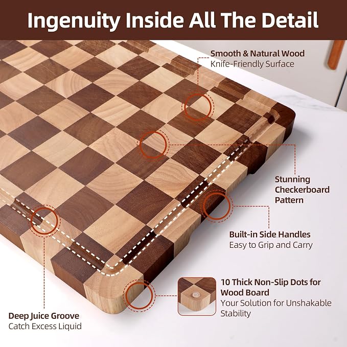 Checkered Cutting Board and Acrylic Cutting Board Set- 2-Piece Kitchen Board Set, Wood Checkerboard End Grain Chopping Boards with Juice Groove & Acrylic Board with Counter Lip