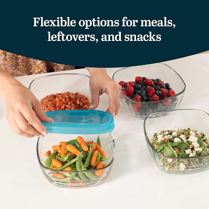 Libbey Serve It Glass Storage Bowls Set of 8 Stackable 6-Cup Food Storage Containers with Sung Fit Lids, Glass Bowls Set for Snacks, Leftover or Meal Prep