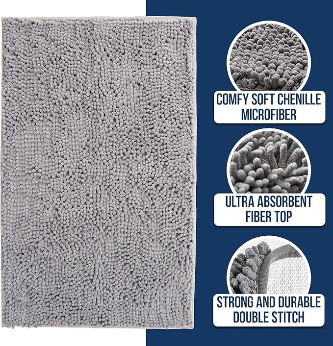 Muddy Mat® | Chenille Bathroom Rugs Quick Dry Microfiber Mats Non Slip Washable, Extra Thick, Soft and Highly Absorbent Bath Mats for Bathroom, Kitchen, and Shower Floor - Grey 24"x36"
