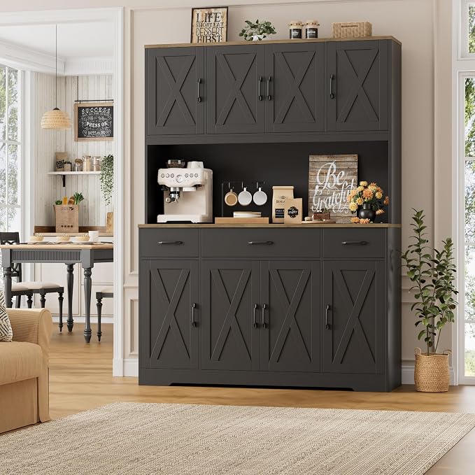 HOSTACK 71" Tall Kitchen Pantry Storage Cabinet, 55" W Kitchen Hutch, Black | Large Pantry Cabinet with Charging Station / Countertop / 3 Drawers, Farmhouse Hutch Cabinet with Storage for Dining Room