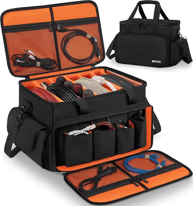 IBVIVIC DJ Cable File Bag With Adjustable Dividers, Dj Gig Bag for Cables, Cords, DJ Gear, Sound Instrument and Accessories, Cable Organizer Bag 16L x 11W x 12H inch