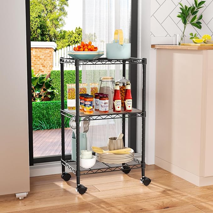 Golpart Small 3 Tier Shelves Storage Wire Shelving Unit Metal Shelf Adjustable Organizers Storage Shelving with Wheels for Bathroom Laundry Room Kitchen Pantry11.7”D x 17.7”W x 30.7”H Black