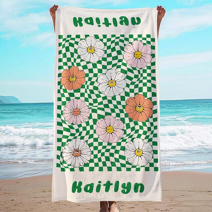 JML Personalized Beach Towel with Name, Custom Flower Beach Towel, Customized Microfiber Pool Towel, Quick Dry & Absorbent Swim Towel for Adult,Mother's Day, Birthday, Summer Holiday,Vacation