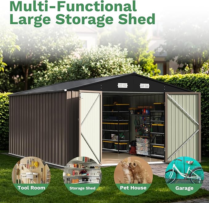 Patiowell 10x14 FT Storage Shed, Outdoor Metal Steel Garden Shed with Lockable Door and Sloping Roof, Large Outside Utility Tool Sheds for Backyard Garden Patio, Brown
