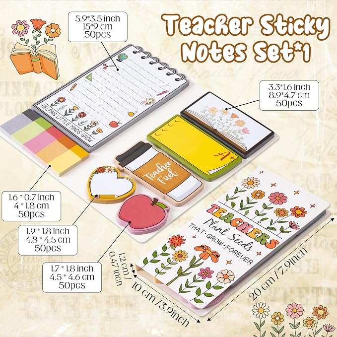 Xqumoi Retro Wildflowers Teachers Sticky Notes Set - Teacher Plant Seeds Self-Stick Note Pads Teacher Appreciation Notepads Writing Memo Pad Page Marker Back to School Office Supplies Thank You Gift