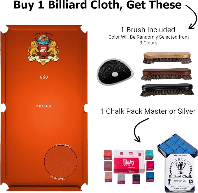 Simonis 860 Pool Table Cloth Replacement Kit for Tables Includes Precut Bed and Rail Cloth, Horsehair Brush, Spots, and Chalk (Multiple Colors)