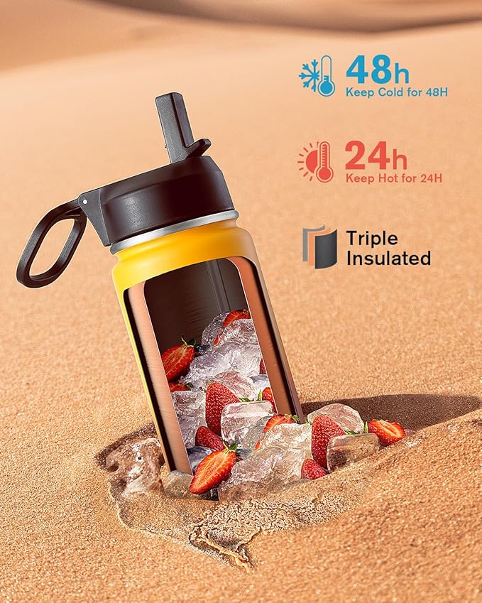 Coolflask Water Bottle 20 oz Insulated with Straw, Stainless Steel Metal 3 Lids Water Flask Wide Mouth for Sports or Office, Non-BPA Keep Cold Up to 48 Hrs or Hot Up to 24 Hrs, Ombre Yellow/Orange