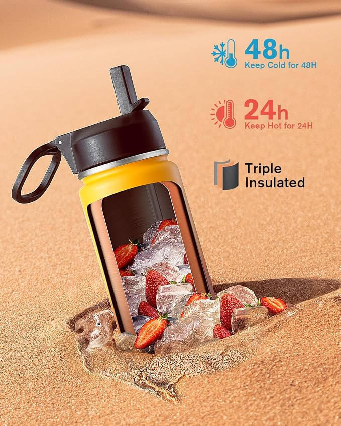 Coolflask Water Bottle 24 oz Insulated with Straw, Stainless Steel Metal 3 Lids Water Flask Wide Mouth for Sports or Office, Non-BPA Keep Cold Up to 48 Hrs or Hot Up to 24 Hrs, Ombre Yellow/Orange