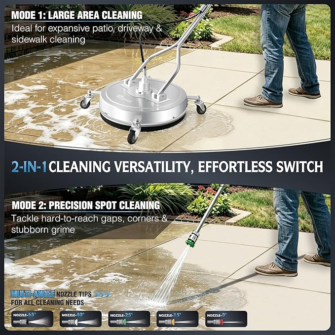 RAYNEL 20'' Pressure Washer Surface Cleaner with 4 Wheels, Dual Handle, Stainless Steel Housing, 2 Hose Adapters, 4 Replacement Nozzles