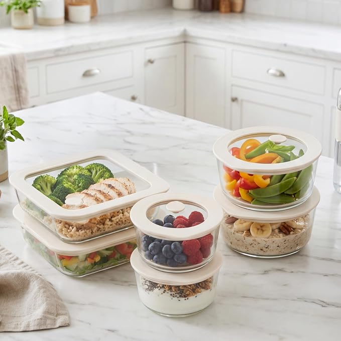 Glass Food Container Set with Glass Lid, 6 Pack, Food Storage Containers Set, Airtight, LeakProof, Micowave Safe, 100% Plastic Free, Meal Prep Containers (White Color)