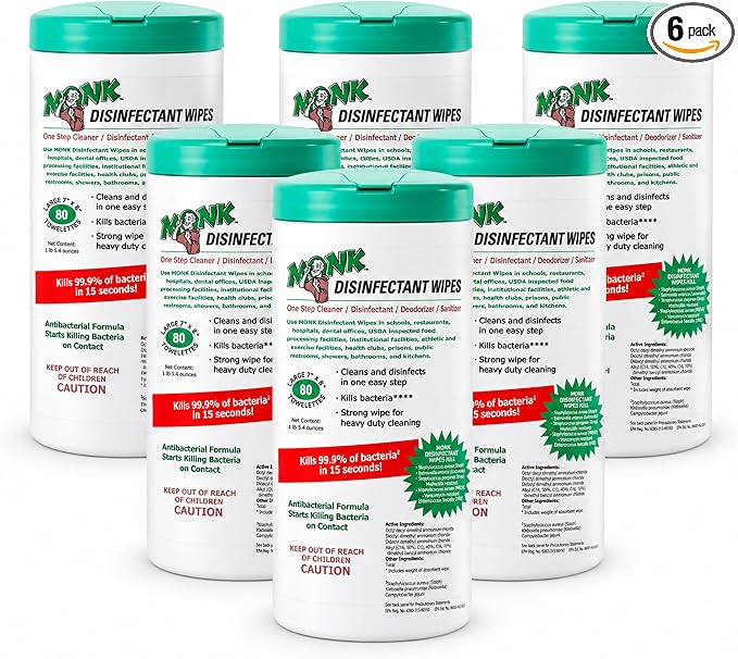 Monk Disinfecting Wipes 6 Canisters of 80 Count for Commercial Facilities | Heavy Duty Cleaning Wipes - 3in1 Disinfectant, Deodorizer & Sanitizer Cleaning Supplies – All Purpose Cleaner for Home & Gym