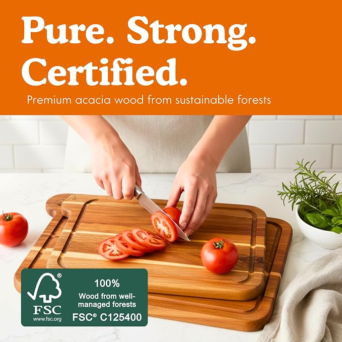 Non-Toxic Acacia Cutting Board Set of 3, Mineral Oil Free, Plastic Free | Petroleum free. No BPA. FSC-certified wood. 3 sizes: 17x11, 14x9 & 11x7 in. Beeswax, flaxseed & lemon oil finish.