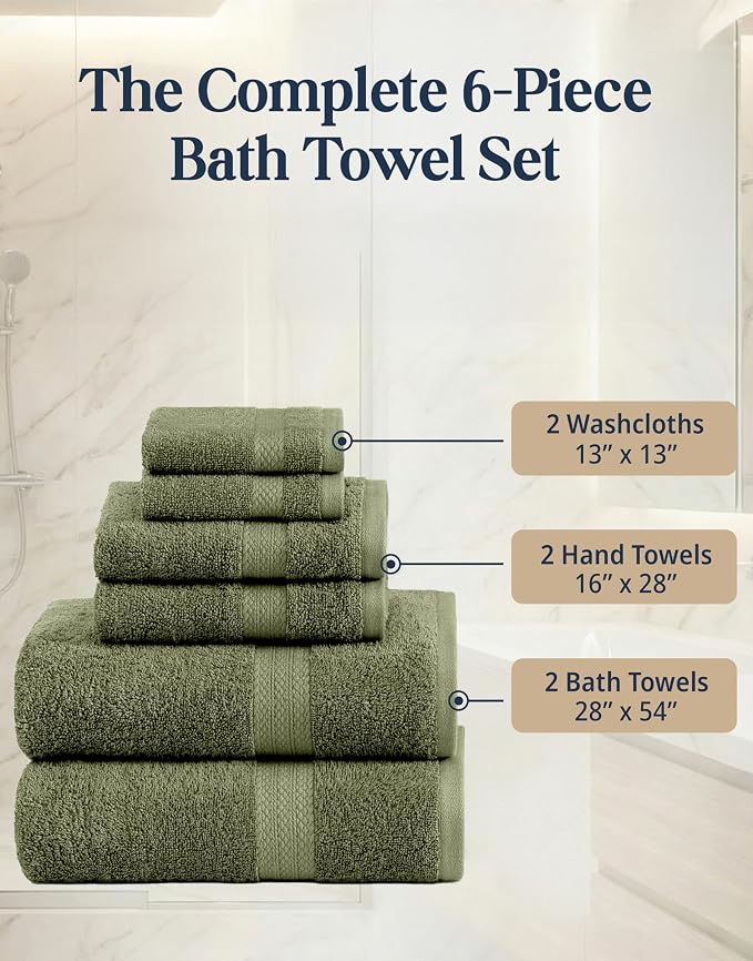 LANE LINEN Bath Towel Set 100% Cotton 6 Piece Soft Absorbent - Oil Green | Bath Towels Set Of 6 - Densely Woven, Coordinated Colors, Dobby Border Accent, OEKO-TEX Certified, Ring-Spun Durability