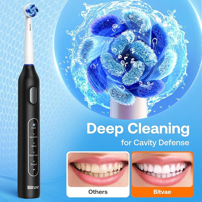 Bitvae R1 Rotating Electric Toothbrush with 8 Brush Heads for Adults and Kids, 60-Day Battery Life, 5 Modes Rechargeable Power Toothbrush with 2-Minute Smart Timer, Black
