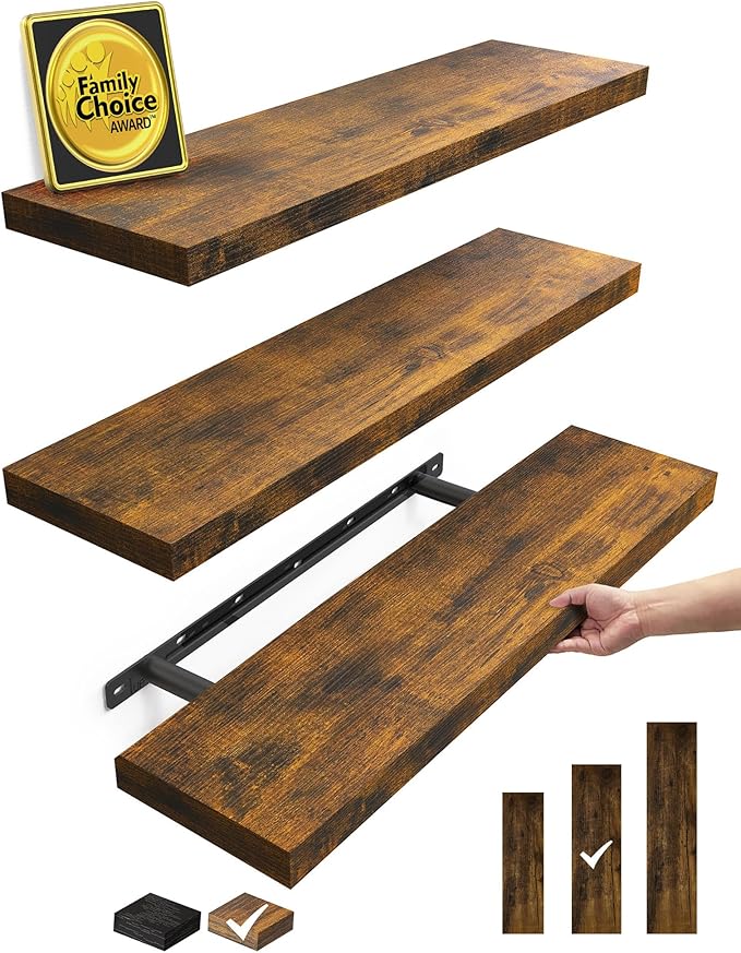 BAYKA Floating Shelves for Wall, Set of 3, 22.5 Inch Rustic Wood Wall Mounted Shelving for Bathroom, Bedroom, Living Room or Kitchen, Hanging Display Decor Book Shelf with 22 lbs, Rustic Brown