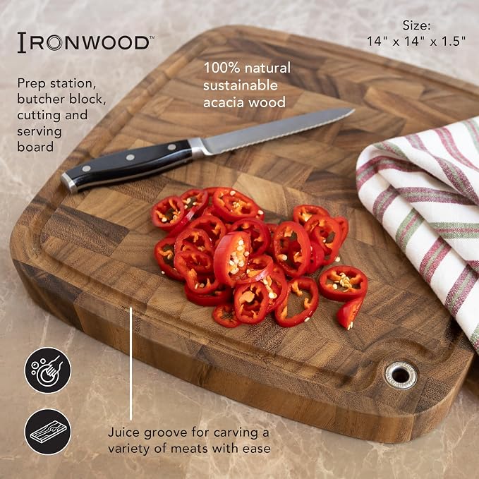 Ironwood Gourmet Carolina Acacia Wood Chopping Board, 14" End Grain Butcher Block Cutting Board With Juice Channel