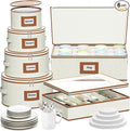 Aokeyee 6-Piece China Storage Containers Set, Hard Shell Moving Boxes for Dishes, Plates, Mugs & Flatware – Dinnerware Organizer with Soft Felt Dividers, Sturdy Handles & Zippers, Ivory