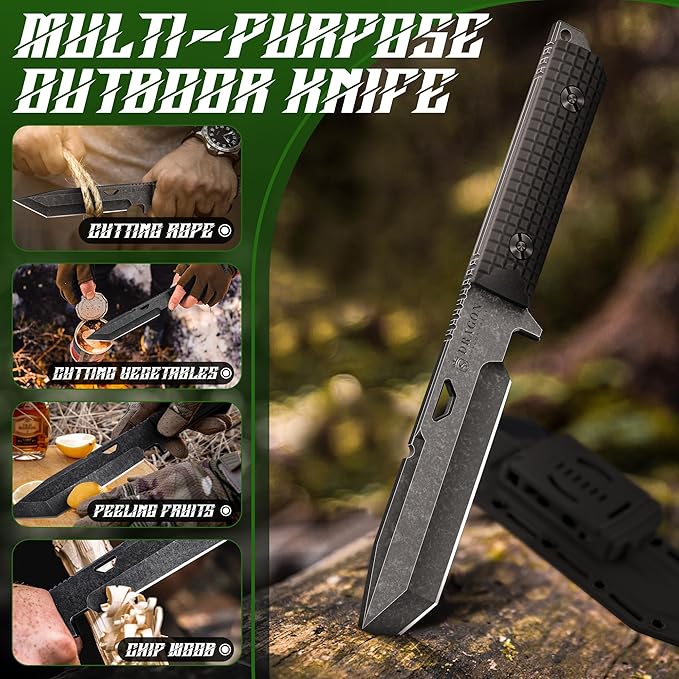 Dragon Creek Tactical Knife Kydex - D2 Steel Outdoor Knife with Sheath | Black G10 Full Tang Handle for Outdoor Survival Camping Hiking Thanksgiving Gift Men