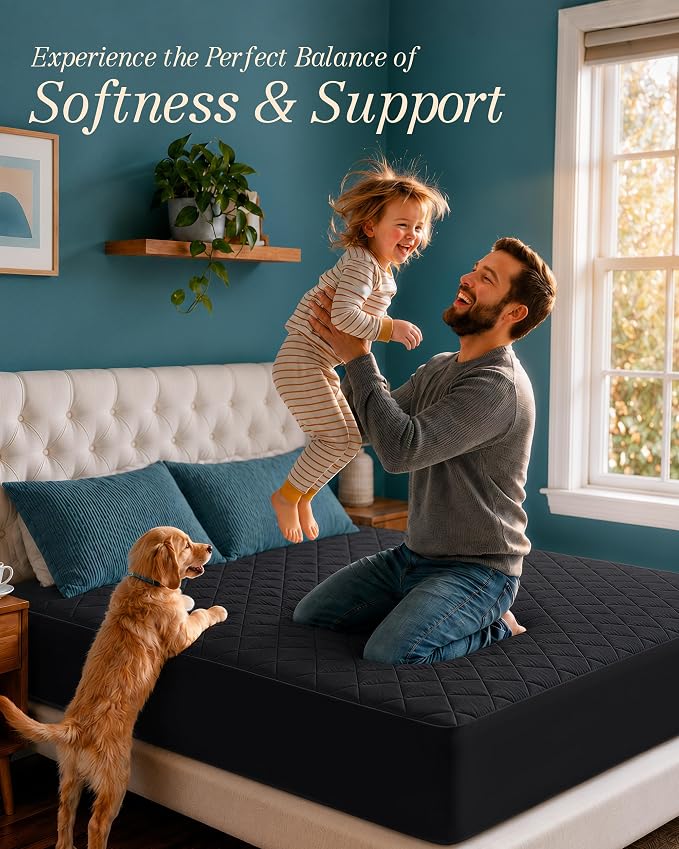 Quilted Fitted Mattress Pad, Queen Mattress Protector Topper with Deep Pocket Stretches up to 16 Inches, Machine Washable Mattress Cover by Utopia Bedding (Black)