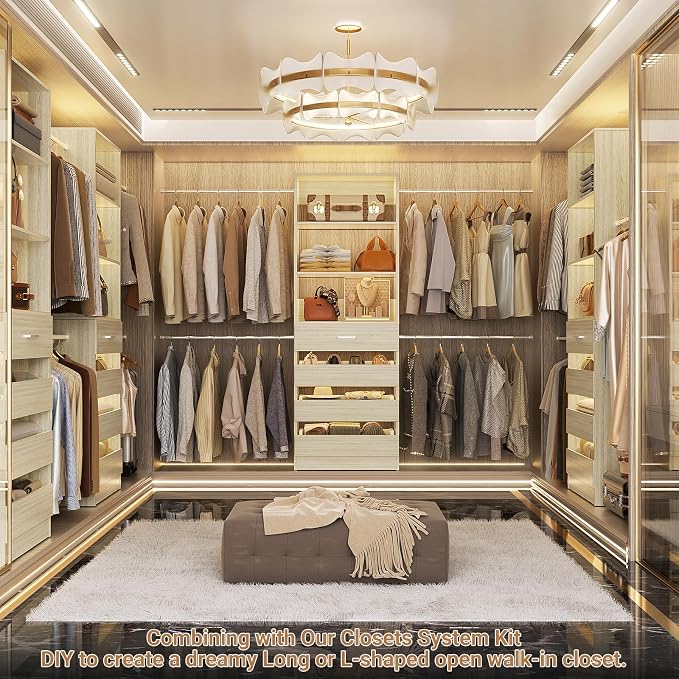 Aheaplus Closet System, 4-9Ft Closet Organizer with 4 Wooden Drawers, Wood Closet Organizer System with Tower, Walk-in Closet Organizer Wardrobe Garment Clothes Rack with 4 Hanging Rods, 2White Oak