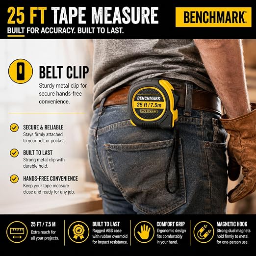 3 Pack - Tape Measures 25 ft / 7.5m – Dual Sided Blade with Easy Read Fractions to 1/8th inch Plus Centimeters on Back Side - Magnetic Tip - Thumb Lock - Belt Clip – Retractable Measuring Tape