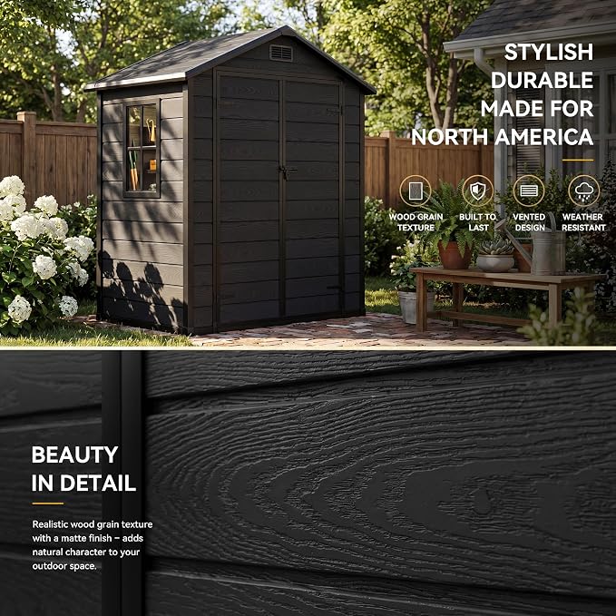 DWVO 6x4 FT Outdoor Resin Storage Shed with Reinforced Floor, All-Weather Bike Storage Shed with Lockable Door, Window and Vent, Waterproof Plastic Tool Shed for Garden, Backyard, Patio, Lawn
