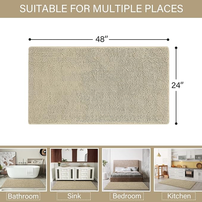 LOCHAS Luxury Bathroom Rug Shaggy Bath Mat 24 x 48 Inch, Beige | Washable Non Slip Bath Rugs for Bathroom Shower, Soft Plush Chenille Absorbent Carpets