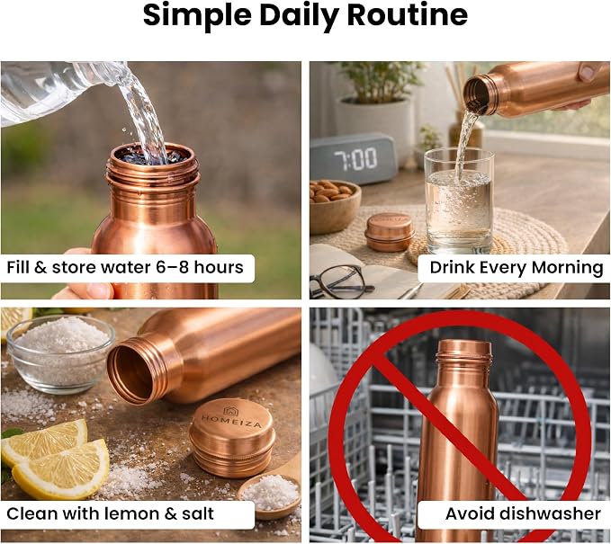 Pure Copper Water Bottle for Drinking Water, 34 Oz Plain Finish with Leak-Proof Cap, Stay Hydrated and Enjoy Natural Benefits. Handcrafted Reusable Water Bottle with Bag & Cleaning Brush