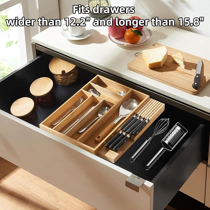TIOPGHAD Small-Bamboo-Silverware-Drawer-Organizer, Expandable Utensil Kitchen Cutlery Tray Flatware Organization Adjustable Wood Tableware Dividers Storage (with Removable Knife Block)(Natural)