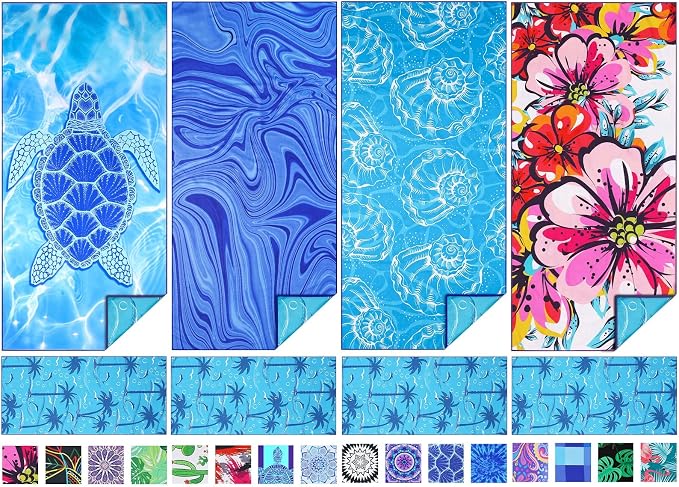 TwoYek Microfiber Beach Towel Extra Large 71x32 inches 4 Pack Bulk | Thin & Lightweight, Sand Free, Super Absorbent & Quick Dry, Oversized Towels for Beach Bath Pool Swim Travel Essentials Gift