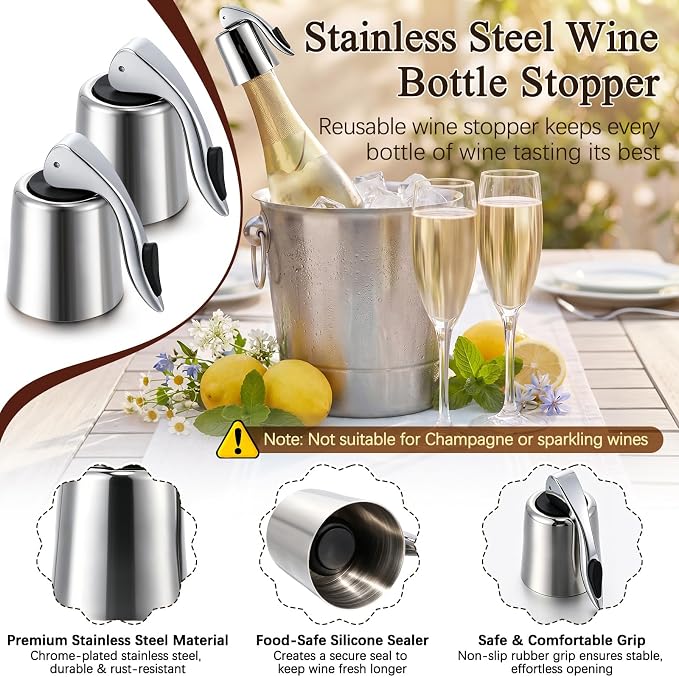 Ah So Wine Opener with Wine Stoppers, Two-Prong Cork Puller for Fragile and Damaged Corks, 2 Pack Stainless Steel Bottle Stopper with Silicone Seal