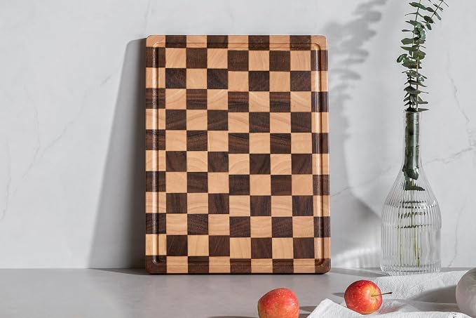 Cutting Boards for Kitchen, Checkered Wooden Cutting Board | 14"x11" Walnut End Grain Chopping Board with Juice Groove & Handle, Serving Tray for Prep Meat, Bread & Fruit