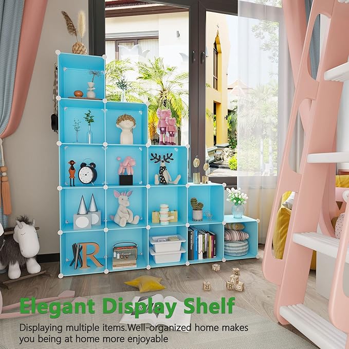 C&AHOME 16 Cube Storage Organizer Cube Shelves Units Storage Cubes, Blue | Plastic DIY Closet Organizer, Stackble Modular Closet Storage Shelves Ideal for Home, Bedroom, 48.4" L × 12.4" W × 48.4" H