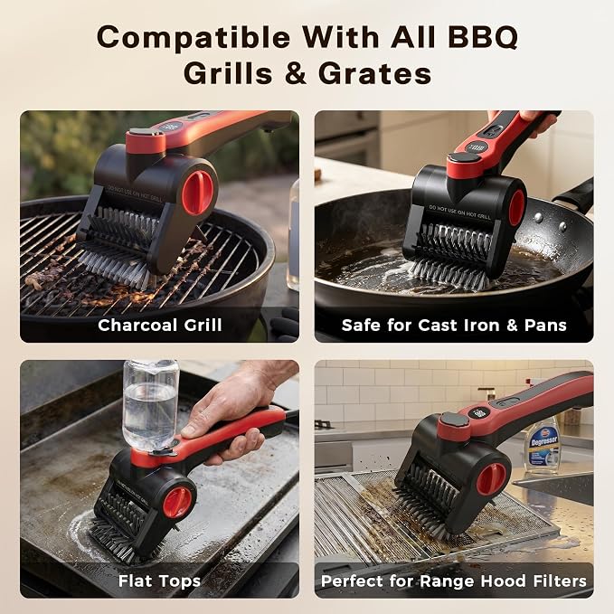 Electric Grill Brush, 100W High Power Cordless BBQ Cleaner with 300ml Water Spray Tank, IPX8 Waterproof Automatic Scrubber for Gas Charcoal Grills, 2-Speed Rechargeable Power Brush with Scraper
