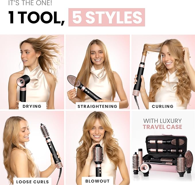 ELLA BELLA® 6 in 1 Professional Hot Air Styler • Powerful Hair Dryer & Straightener Set • Styling Without Heat Damage • Fast Drying Curling Volumizing Straightening • Includes Protective Travel Case