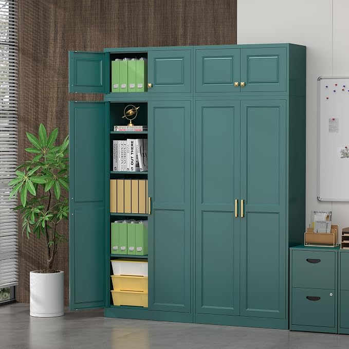 Steeloong 86"Metal Pantry Storage Cabinet with Doors & 4 Adjustable Shelves | Kitchen Pantry Cabinet,Green Kitchen Cabinet with 4 Gold Handles,Tall Cabinet for Livingroom,Pantry, Bathroom,Kitchen,Garage