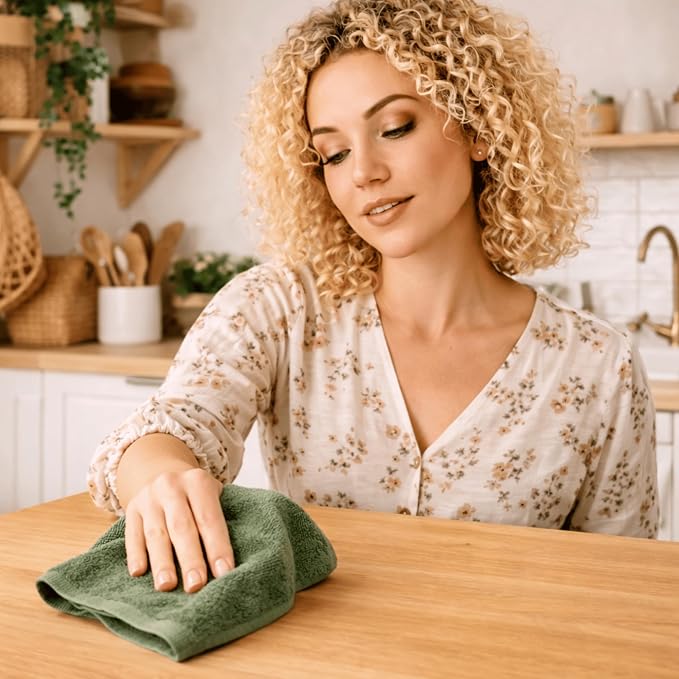 SALBAKOS 12-Piece 100% Turkish Cotton Washcloths and Face Towels, Green | 13x13 in Standard Size Small Towel, Multi-use Bathroom & Kitchen, Thick Super Soft Absorbent Durable, Oeko-Tex Made in Turkey