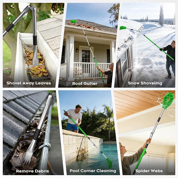 13ft Gutter Cleaning Tools From the Ground, No Ladder Needed, 3-in-1 Gutter Cleaner Pole with Replaceable Brush Rake Scoop, 180° Adjustable Angle for Leaves & Debris Cleaning with Grip Tapes, Green
