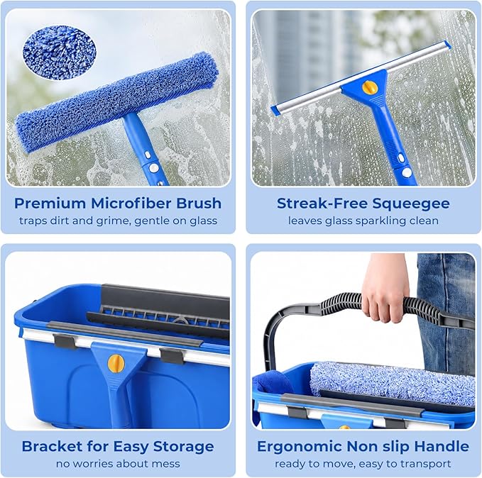 UFORU Professional Window Cleaning Kit with Bucket, 3 Gallon Set with 14" Window Squeegee, 15" Microfiber Scrubber and 76" Long Handle for High Window, Home, Outdoor, Commercial and Car Glass Cleaning
