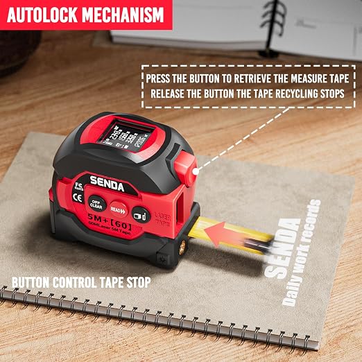 SENDA 3-in-1 Laser Tape Measure - 197Ft Digital Measuring Tape with Led Display&16Ft Measuring Tool with Magnetic Hook & Auto Lock - Pythagorean, Area, Volume, Ft/Ft+in/in/M Unit, AAA Battery*2, Red