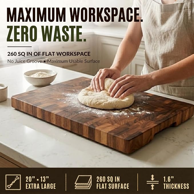 SHUMARU XL End Grain Cutting Board 20×13×1.6" Thick – 11 LB Heavy Duty Butcher Block – 260 SQ IN Flat Workspace for Meal Prep, Dough, & Pizza – Knife-Friendly Wood Chopping Board with Non-Slip Feet