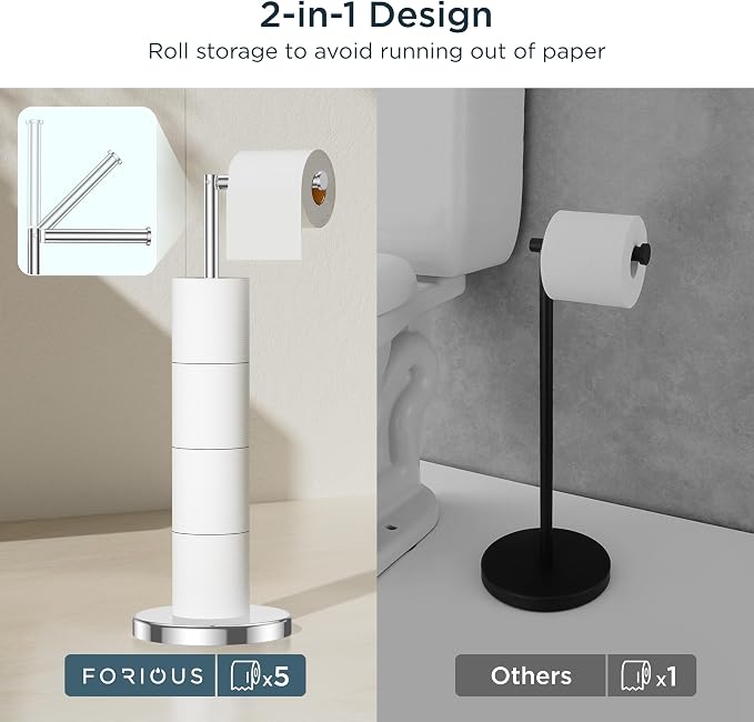 FORIOUS Toilet Paper Holder Stand, Modern Freestanding Tissue Roll Holder for Bathroom, Durable SUS 304 Stainless Steel and Weighted Base Toilet Paper Stand, Storage for 4 Rolls, Polished Chrome